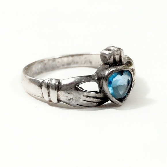 Vintage Blue Topaz Irish Sterling Claddagh Ring-6 - Picture 5 of 8